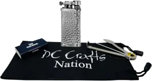 DC Crafts Pipe Bag with IM Corona Old Boy Pipe Lighter - Includes Czech Pipe Tool, & 5 Pack of IM Corona Flints - (Antique Silver Hammer Tone)