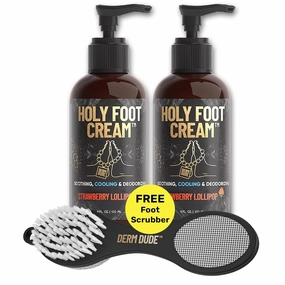 Derm Dude Holy Foot Repair Set | 2x Foot Creams plus 4-in-1 Foot Scrubber Repair Tool | W/All-Natural DeoPlex for Odor Control - Strawberry