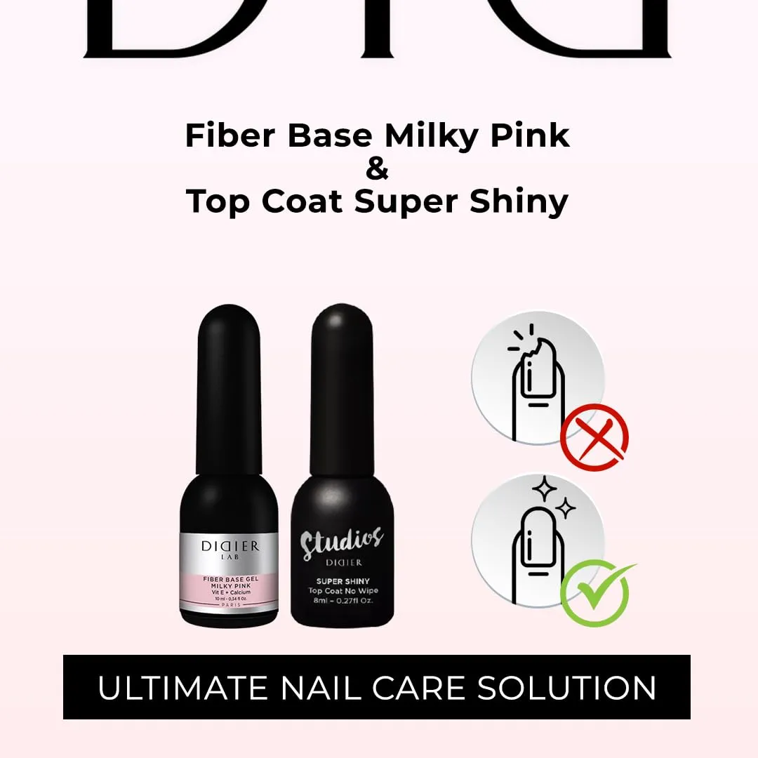 DIDIER LAB - Premium Fiber Base Coat Nail Polish - Milky Pink Gel Nail Polish Kit - Super Shiny No Wipe Gel Top Coat Clear - LED UV Gel Polish Set - Gel Top and Base Coat - Soak Off Gel Polish Kit