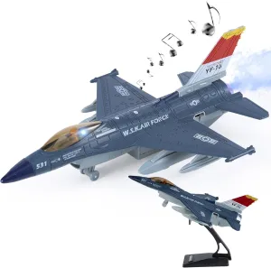 Diecast Metal Alloy Fighter Jet Military Airplane Toy with Mist Spray, Lights & Sounds, Pull Back Function Army Air Force Aircraft for Kids, Toddlers Ages 3 , Gift for Boys Girls (Blue)