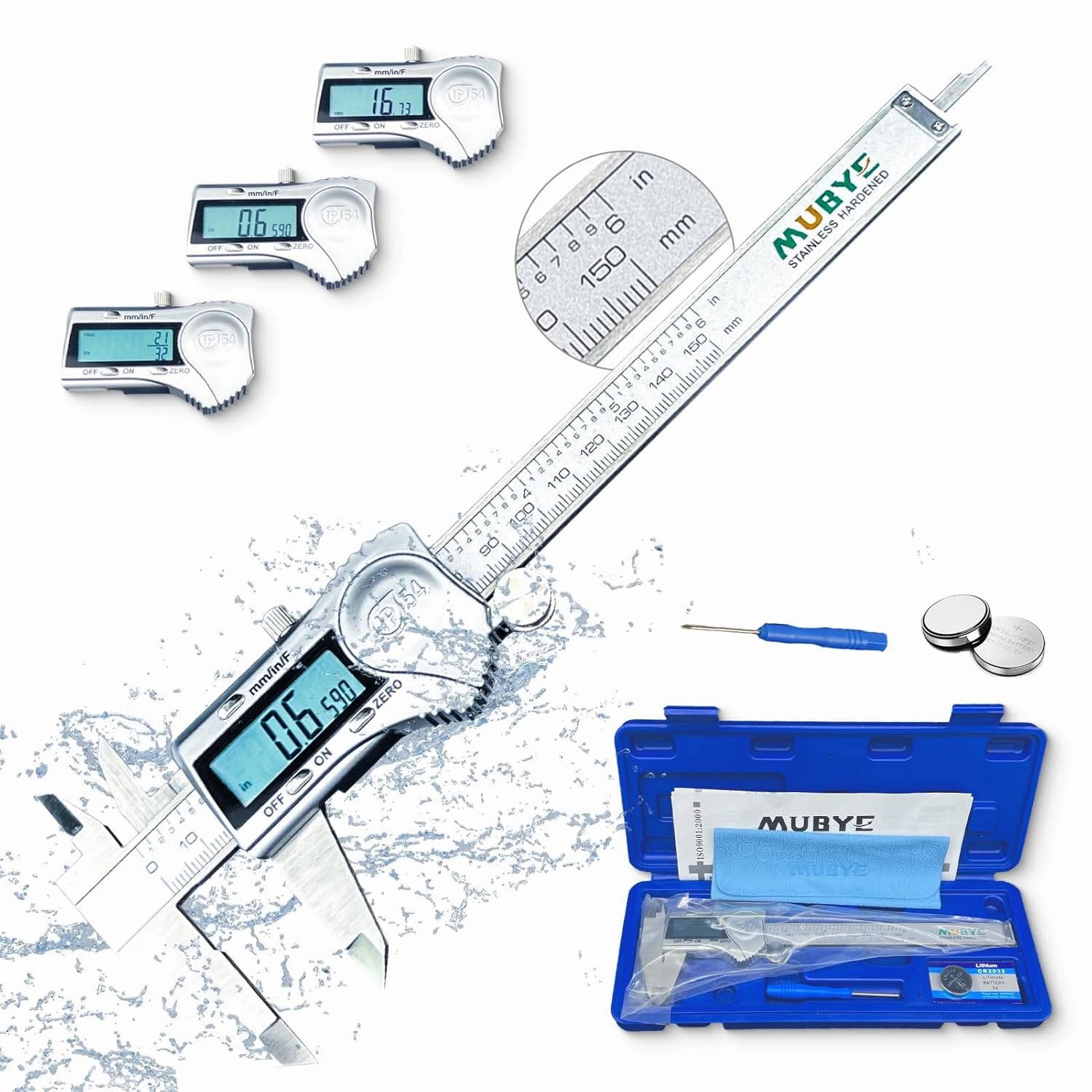 Digital Caliper Micrometer Measuring Tool - 6 Inch /150mm Stainless Steel Electronic Vernier Calipers, IP54 Waterproof Protection Accuracy Gauge Switch from Inch Metric Fraction with LCD Screen