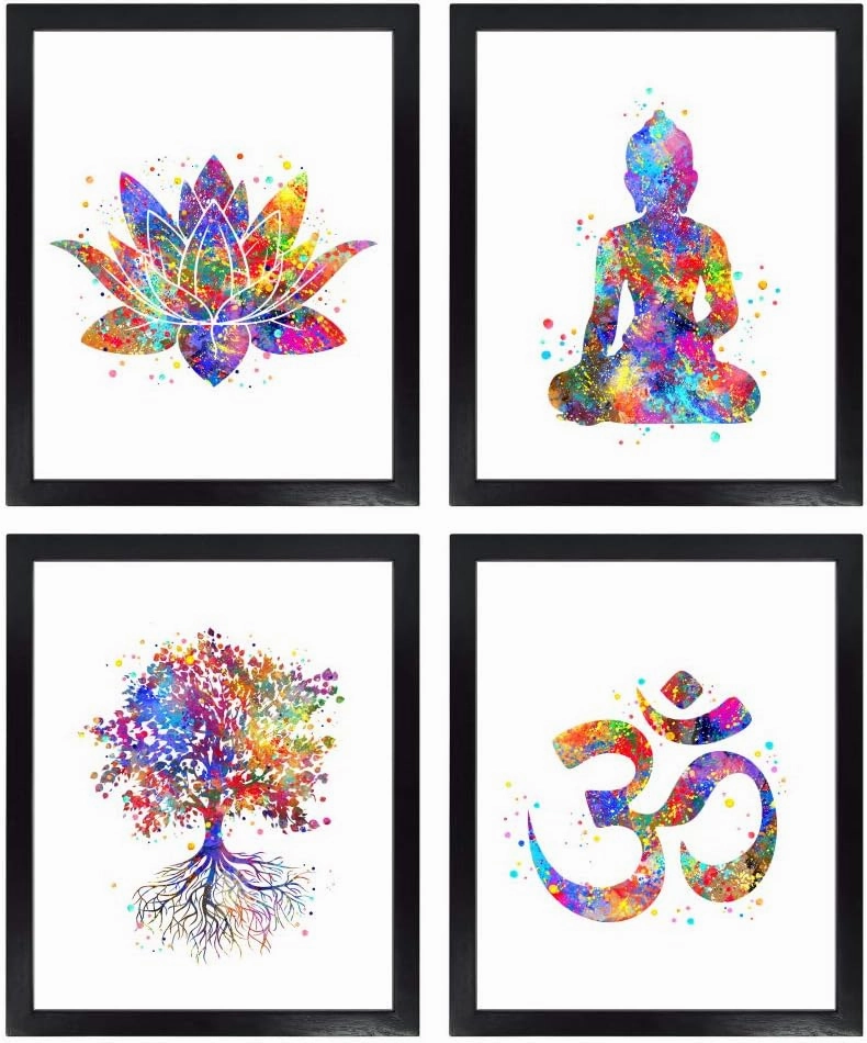 Dignovel Studios Unframed (Set of 4) 8X10 Watercolor Yoga Art Print Set Lotus Flower Om Symbol Buddha Tree of Life Inspirational Zen Wall Art Print Set dnc5