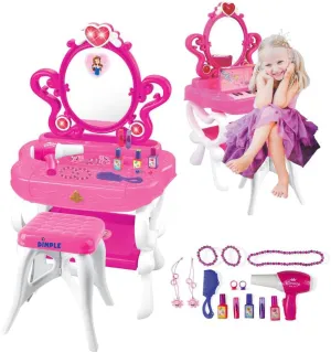 DIMPLE 2-in-1 Musical Piano Vanity Set Girls Toy Makeup Accessories Working Piano, Flashing Lights, Big Mirror, Pretend Cosmetics, Hair Dryer, Princess Image Appears in Mirror(7 AA Batteries Included)