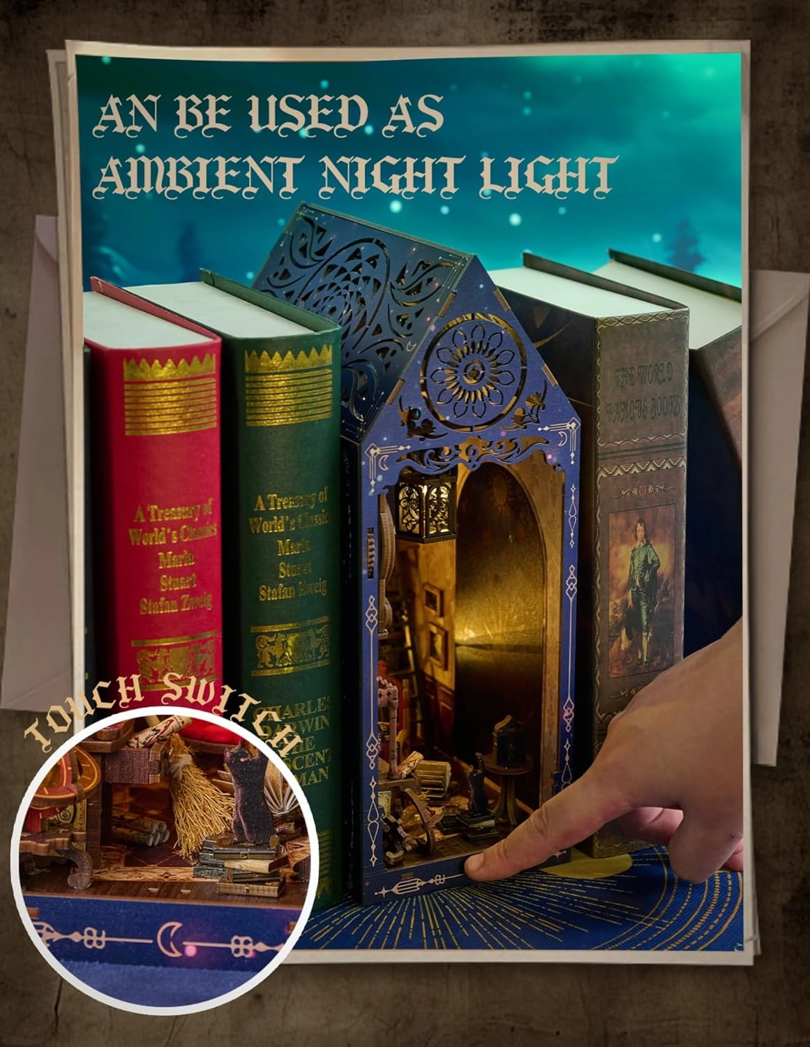 DIY Book Nook Kit,DIY Magic Dollhouse,Miniature House Kit for Adults Teens,3D Wooden Puzzles with LED Dust Cover,Bookend Booknook Bookshelf Home Decor,Birthday Halloween Friends Gifts