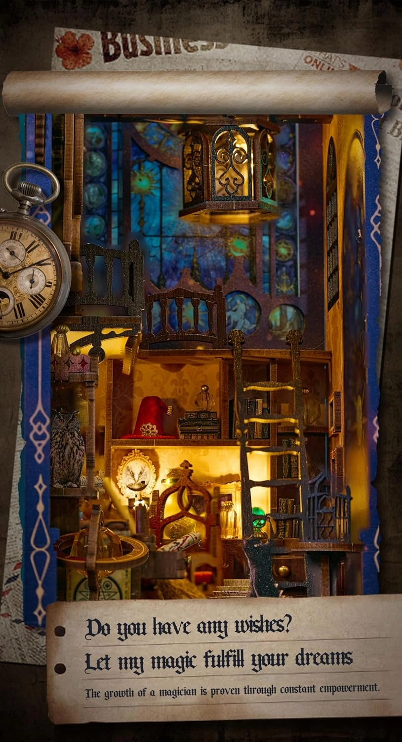 DIY Book Nook Kit,DIY Magic Dollhouse,Miniature House Kit for Adults Teens,3D Wooden Puzzles with LED Dust Cover,Bookend Booknook Bookshelf Home Decor,Birthday Halloween Friends Gifts