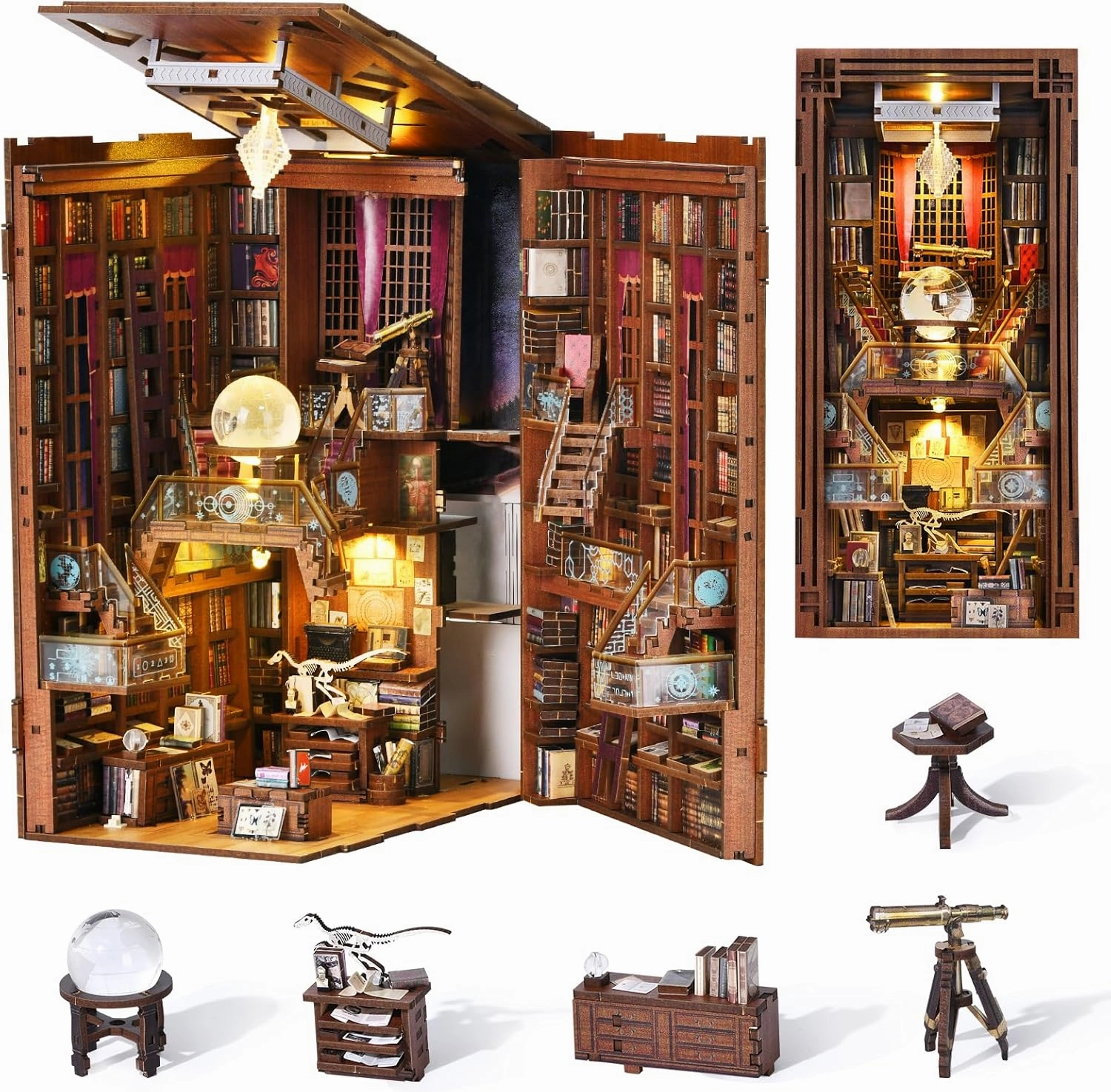 DIY Book Nook Kit, DIY Miniature Dollhouse Booknook Kit, 3D Wooden Puzzle Bookend Bookshelf Insert Decor with LED Light for Teens and Adults (Beyond Library)