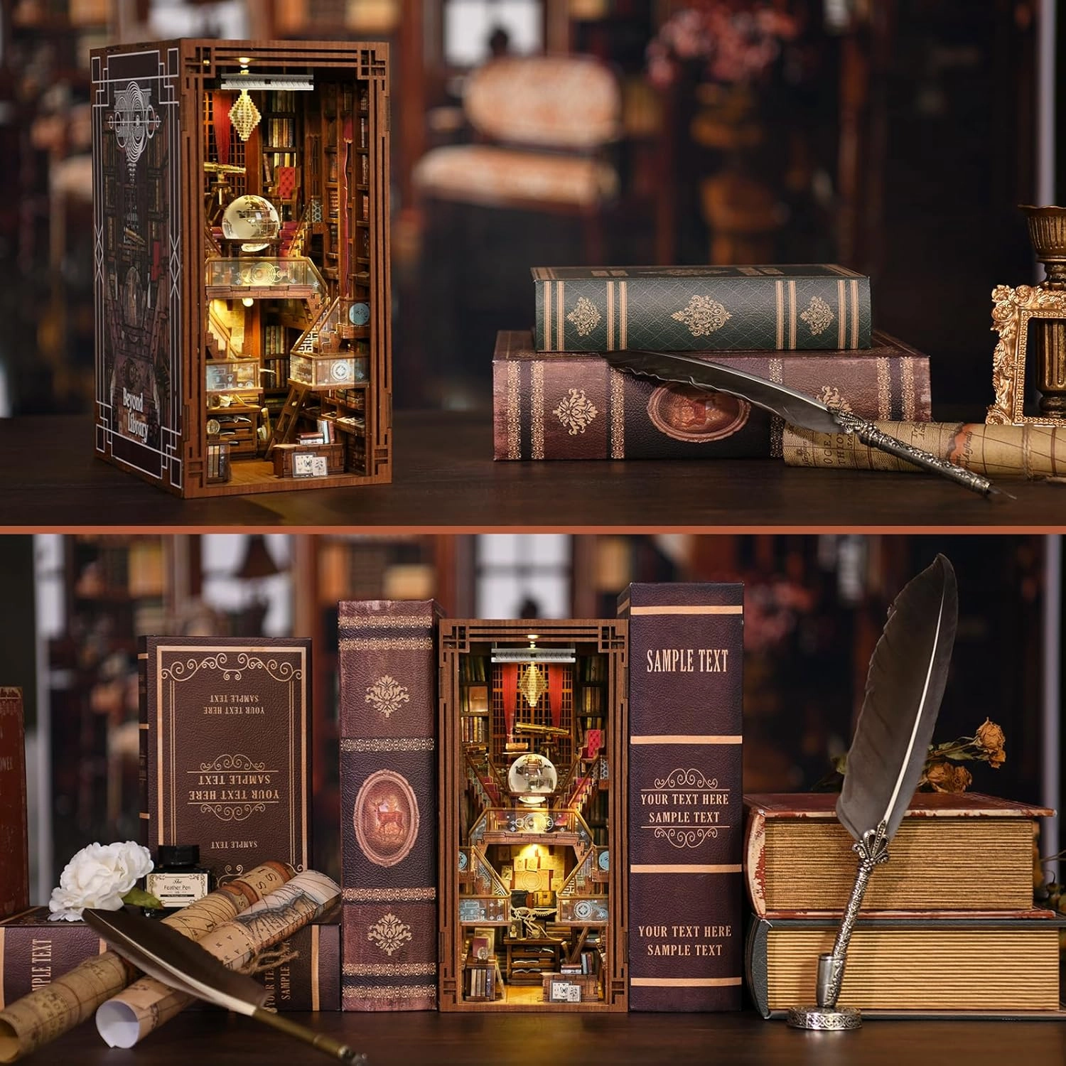 DIY Book Nook Kit, DIY Miniature Dollhouse Booknook Kit, 3D Wooden Puzzle Bookend Bookshelf Insert Decor with LED Light for Teens and Adults (Beyond Library)