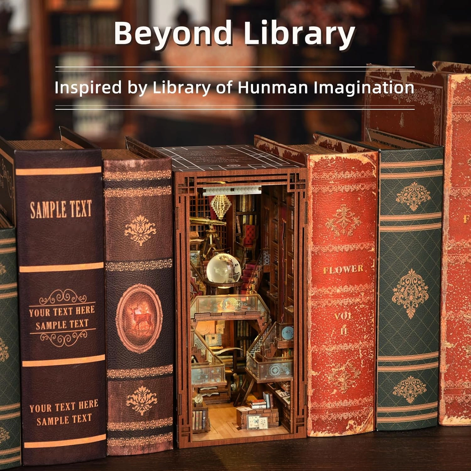 DIY Book Nook Kit, DIY Miniature Dollhouse Booknook Kit, 3D Wooden Puzzle Bookend Bookshelf Insert Decor with LED Light for Teens and Adults (Beyond Library)