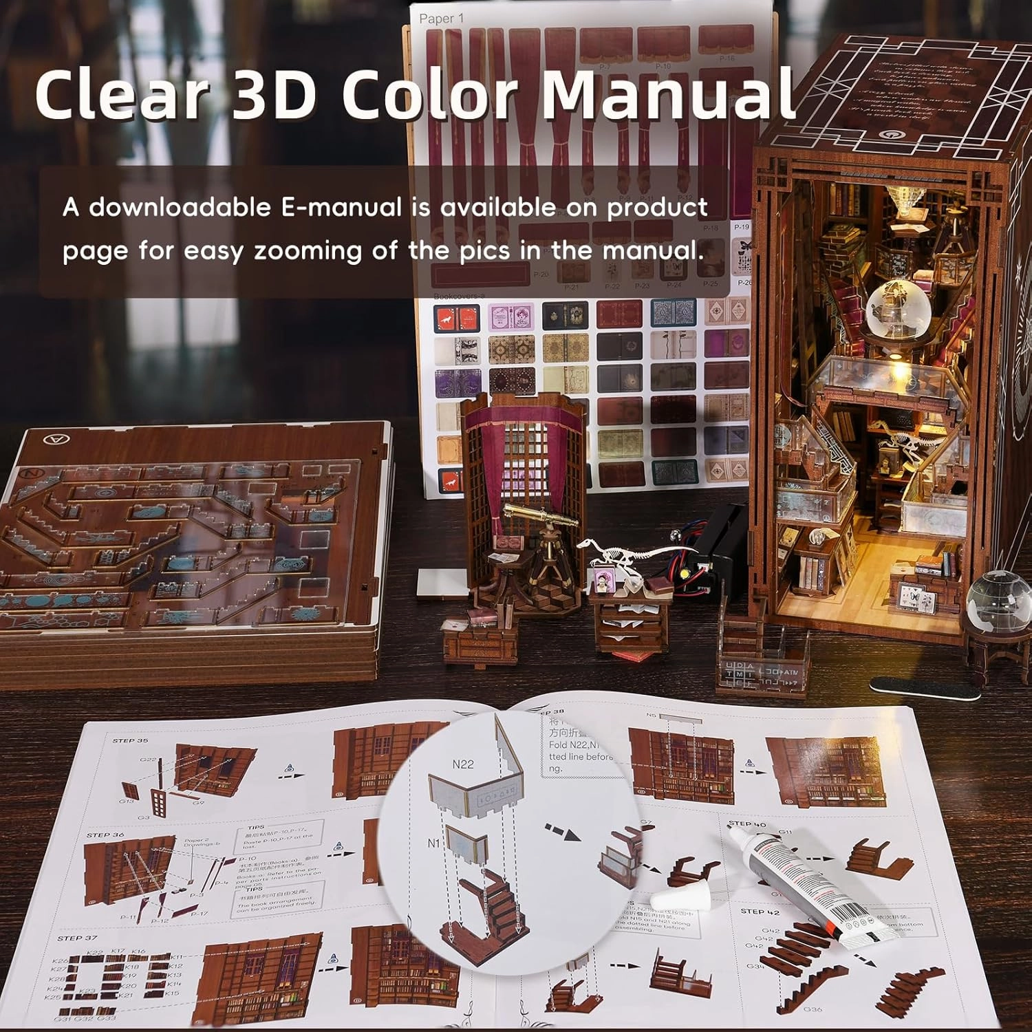 DIY Book Nook Kit, DIY Miniature Dollhouse Booknook Kit, 3D Wooden Puzzle Bookend Bookshelf Insert Decor with LED Light for Teens and Adults (Beyond Library)