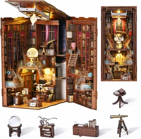 DIY Book Nook Kit, DIY Miniature Dollhouse Booknook Kit, 3D Wooden Puzzle Bookend Bookshelf Insert Decor with LED Light for Teens and Adults (Beyond Library)