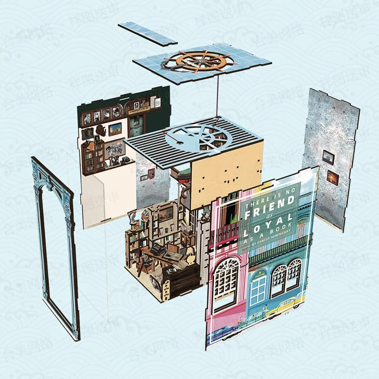 DIY Book Nook Kit, Miniature Dollhouse Booknook Kit, 3D Wooden Puzzle Bookend Bookshelf Insert Decor with LED Light for Teens and Adults (Hemingway House)