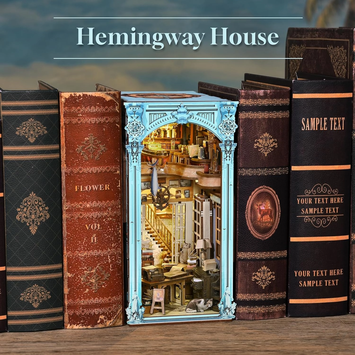 DIY Book Nook Kit, Miniature Dollhouse Booknook Kit, 3D Wooden Puzzle Bookend Bookshelf Insert Decor with LED Light for Teens and Adults (Hemingway House)