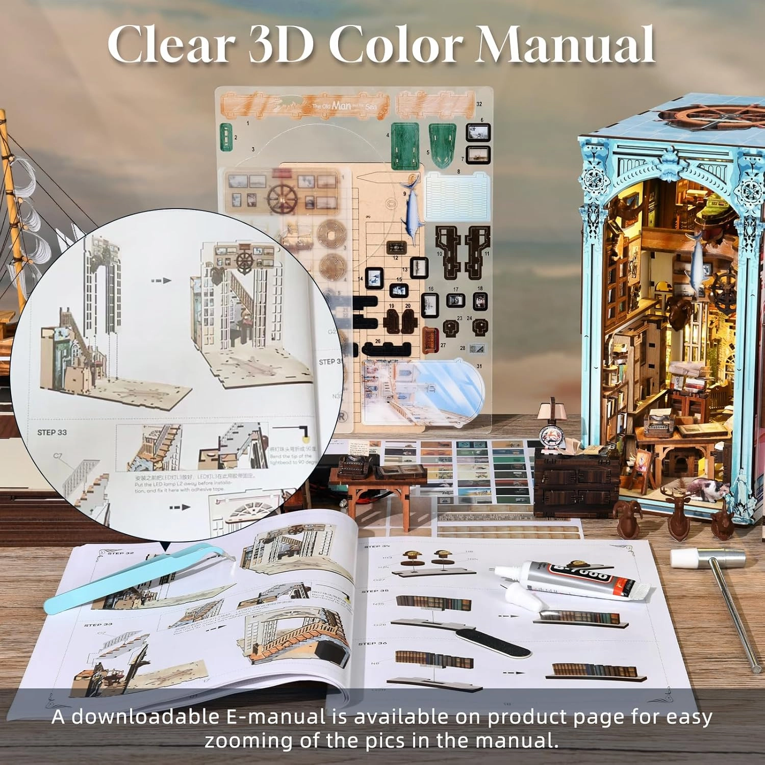 DIY Book Nook Kit, Miniature Dollhouse Booknook Kit, 3D Wooden Puzzle Bookend Bookshelf Insert Decor with LED Light for Teens and Adults (Hemingway House)