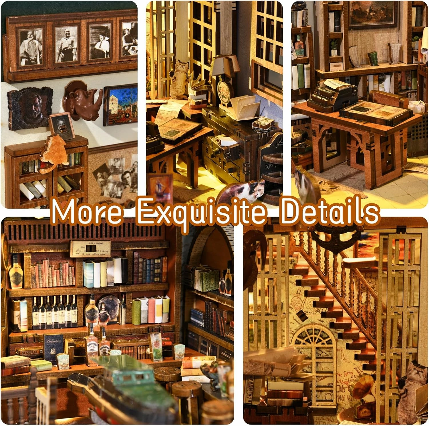 DIY Book Nook Kit, Miniature Dollhouse Booknook Kit, 3D Wooden Puzzle Bookend Bookshelf Insert Decor with LED Light for Teens and Adults (Hemingway House)
