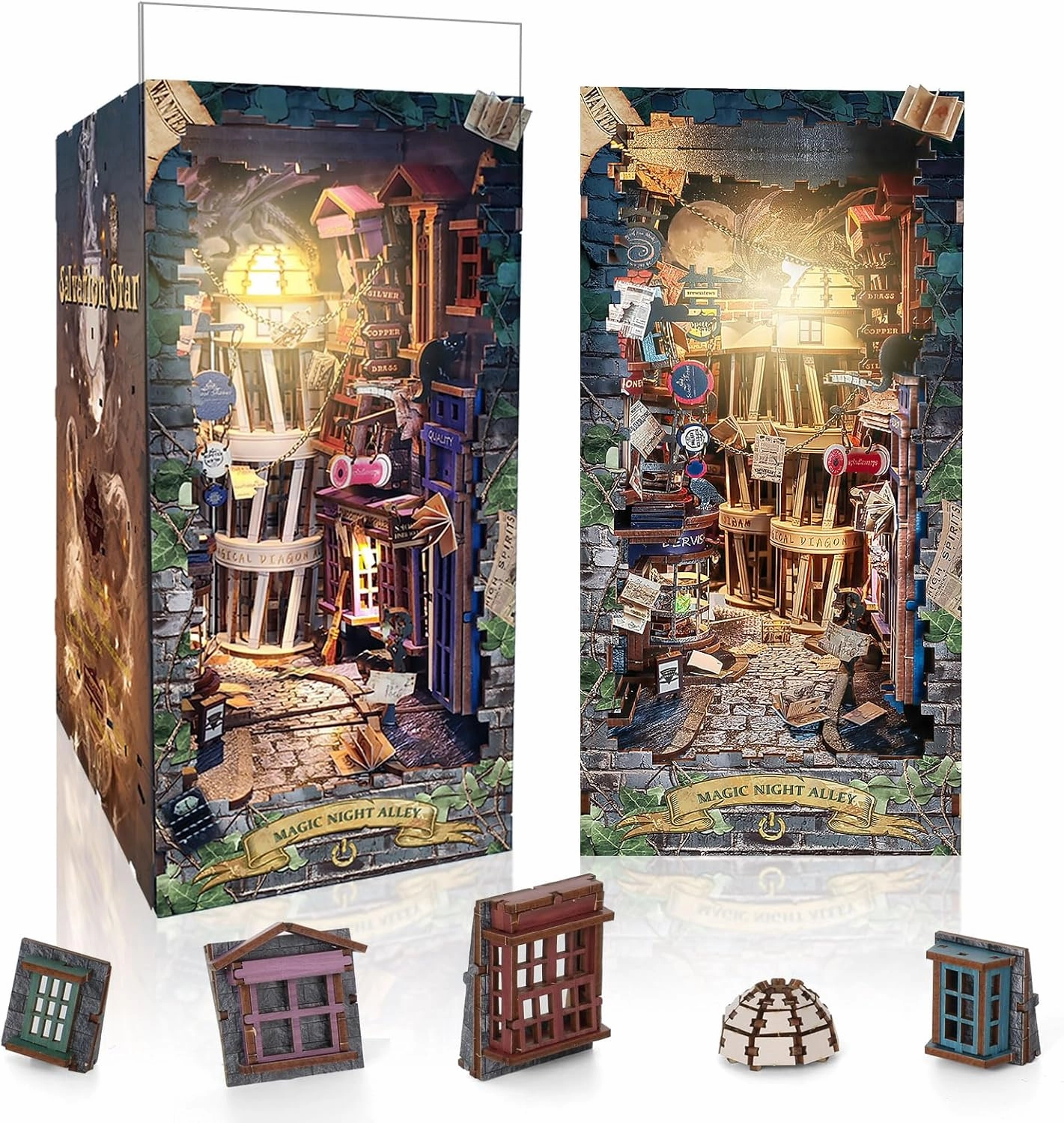 DIY Book Nook Kit,Miniature Dollhouse Kit with LED,Dust Proof 3D Wooden Puzzles,Booknook Bookshelf Insert Decor,Easter Halloween Home Decor,Adults Teens Birthday Gifts(Magic Night Alley)