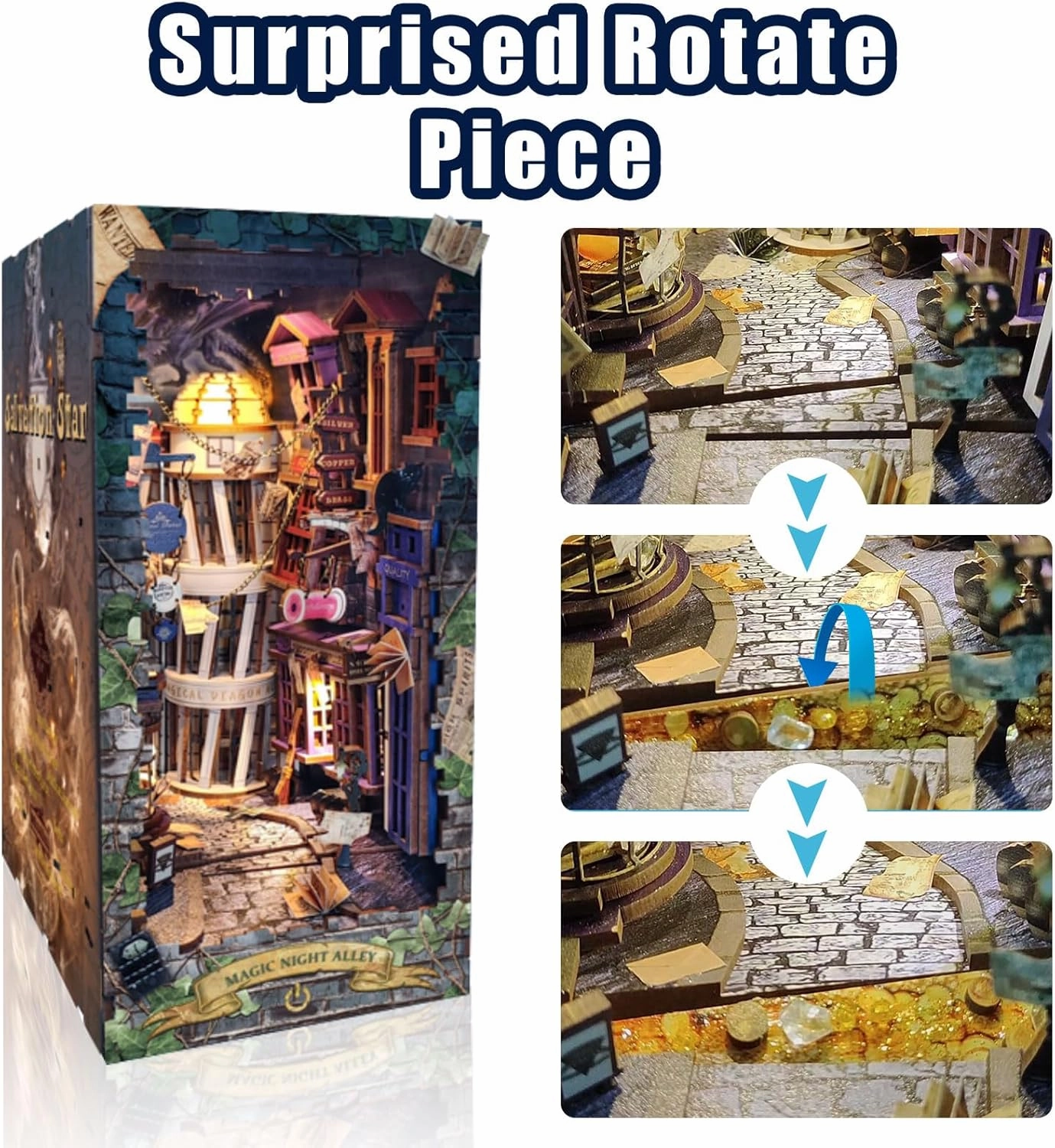 DIY Book Nook Kit,Miniature Dollhouse Kit with LED,Dust Proof 3D Wooden Puzzles,Booknook Bookshelf Insert Decor,Easter Halloween Home Decor,Adults Teens Birthday Gifts(Magic Night Alley)