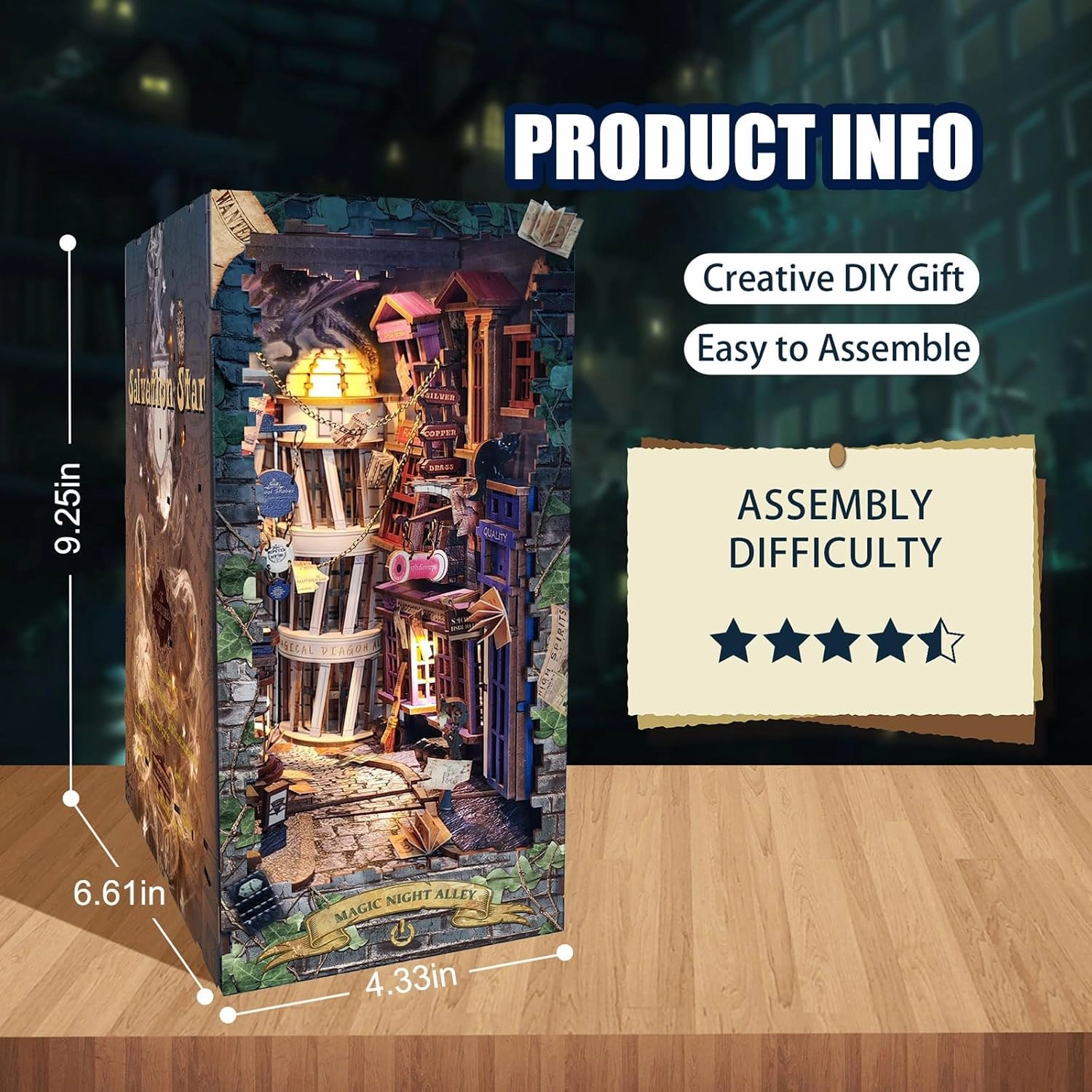 DIY Book Nook Kit,Miniature Dollhouse Kit with LED,Dust Proof 3D Wooden Puzzles,Booknook Bookshelf Insert Decor,Easter Halloween Home Decor,Adults Teens Birthday Gifts(Magic Night Alley)