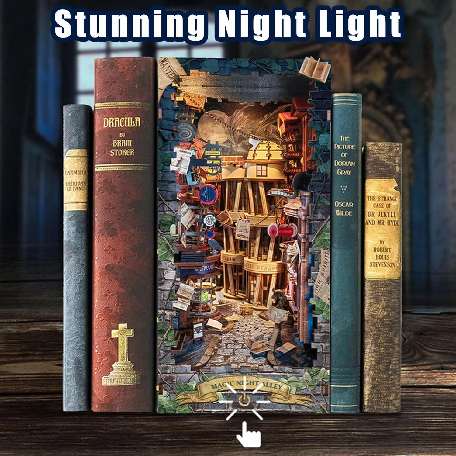 DIY Book Nook Kit,Miniature Dollhouse Kit with LED,Dust Proof 3D Wooden Puzzles,Booknook Bookshelf Insert Decor,Easter Halloween Home Decor,Adults Teens Birthday Gifts(Magic Night Alley)