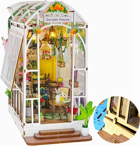 DIY Book Nook Kits, 3D Wooden Puzzle Bookends Bookshelf,Miniature Dollhouse, Mini Garden House Book Nook Model with LED Light,Gift for Adults and Teens