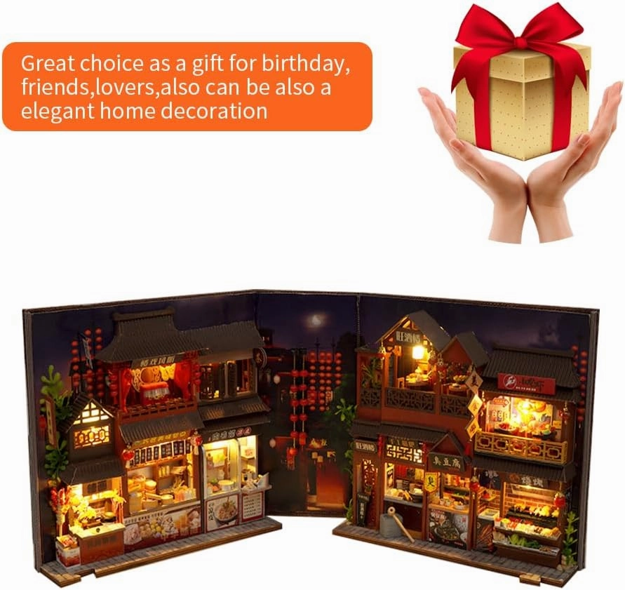 DIY Wooden Puzzle Model 3D Miniature Scene Crafts, Book Nook Shelf Insert Kits Handmade Miniature Dollhouse Toys for Adults Gift