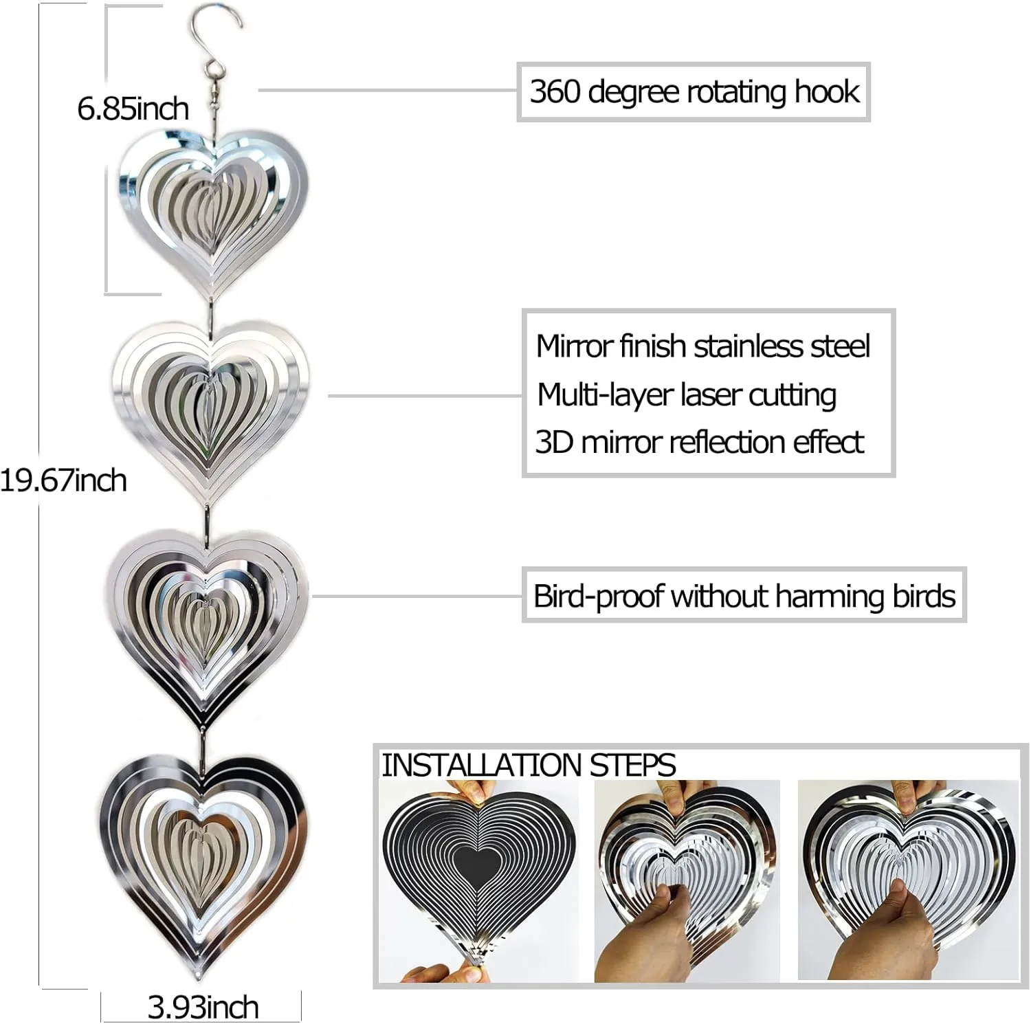DJUAN Heart Bird Scare Discs Set-Highly Reflective Double-Sided Bird Reflectors,Extra Sparkly Metal Wind Spinner Outdoor Garden Decor, Bird Devices Deterrent to Scare Birds Away from Yard Patio Farm
