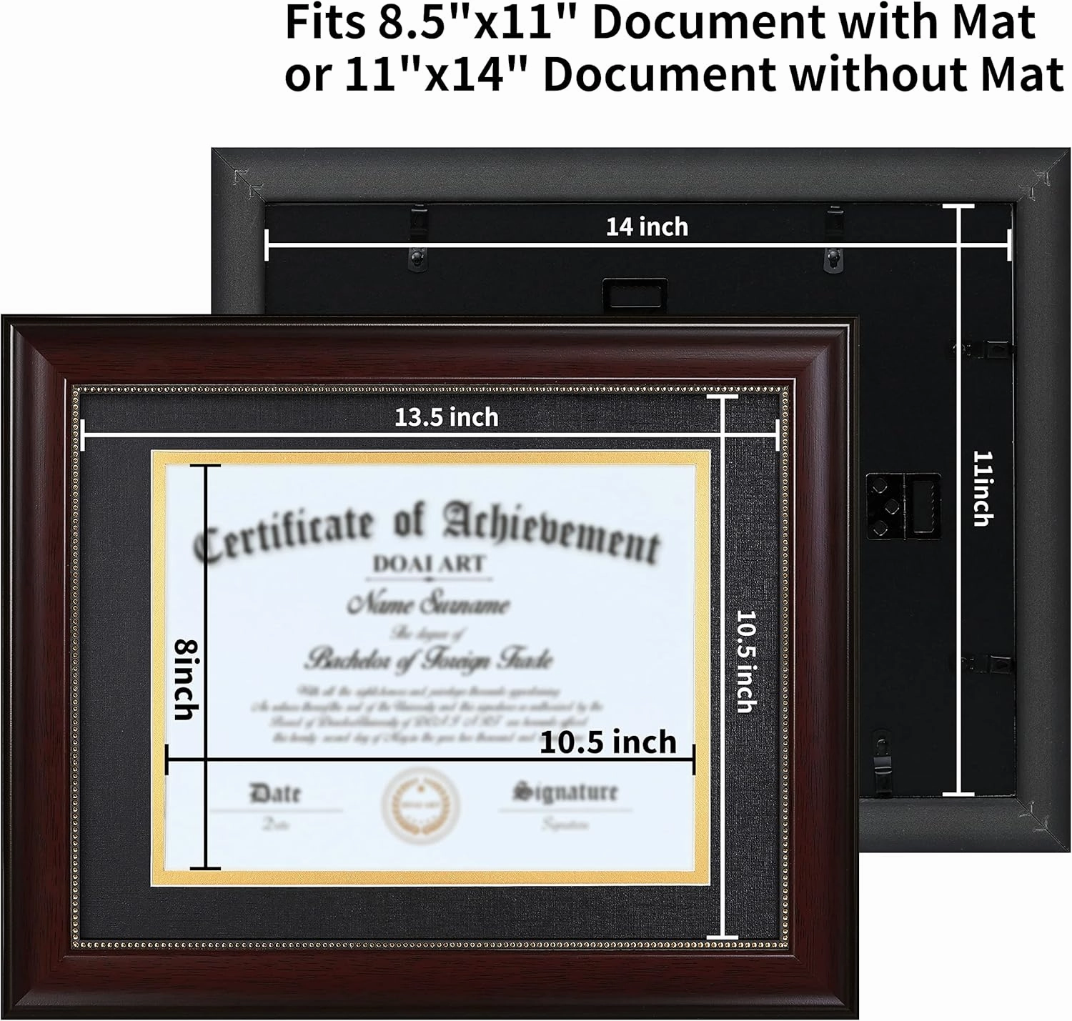 DOAI ART 8.5 x 11 Diploma Frame Classic Mahogany Display 8.5x11-inch with Black Over Gold Mat or 11x14 Document &Certificate Without Mat, Gold Beads Hanging Hardware Included, Tabletop