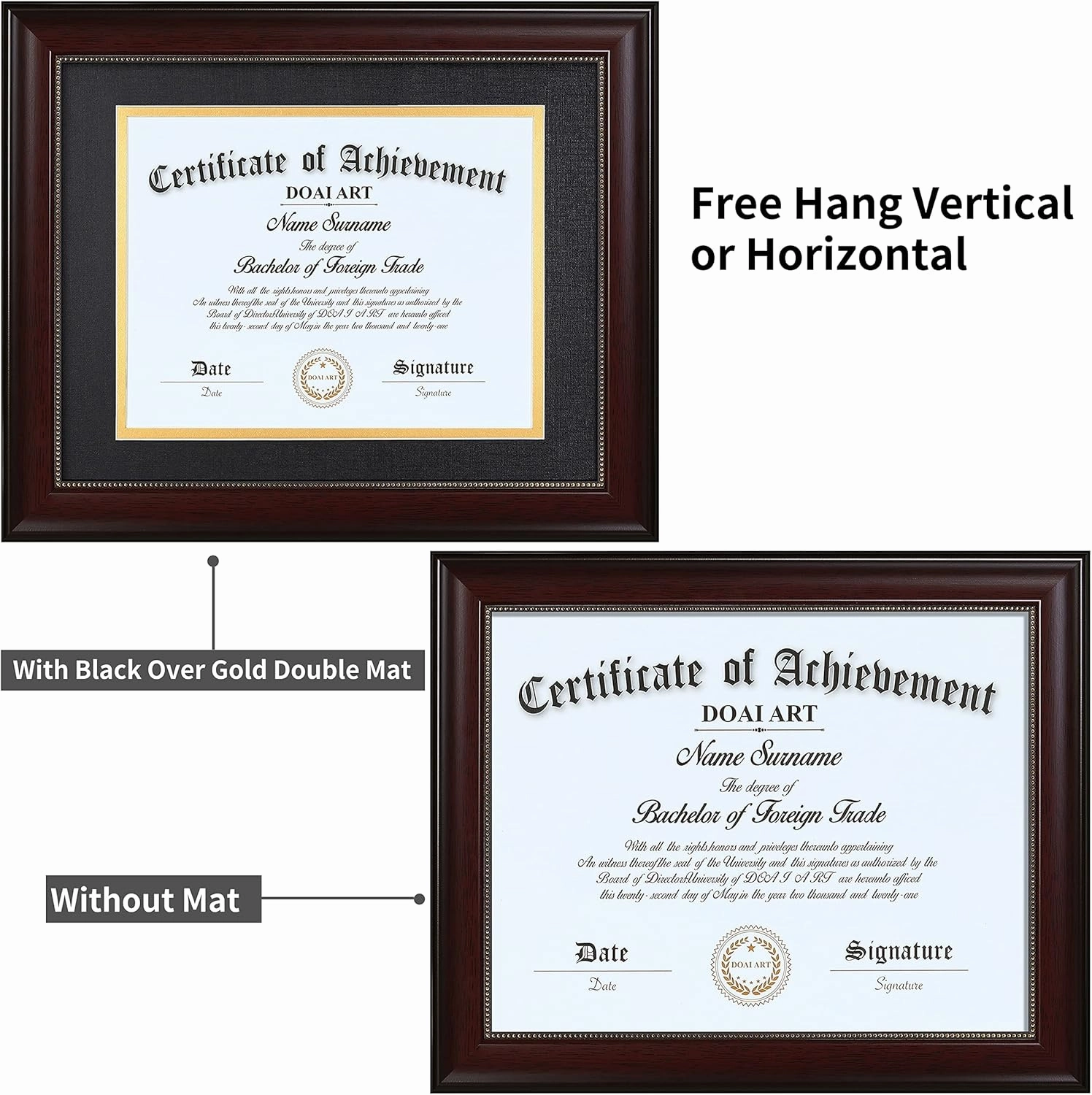 DOAI ART 8.5 x 11 Diploma Frame Classic Mahogany Display 8.5x11-inch with Black Over Gold Mat or 11x14 Document &Certificate Without Mat, Gold Beads Hanging Hardware Included, Tabletop