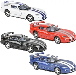 Dodge Viper GTS-R Die-Cast Toy, Miniature Replica Racing Car, 5 Inch, 1:36 Scale Collectible Model Kids Toys, Set of 4 Colors Motorsport Gift for Racing, Pull-back Action, Openable doors, Rear Spoiler