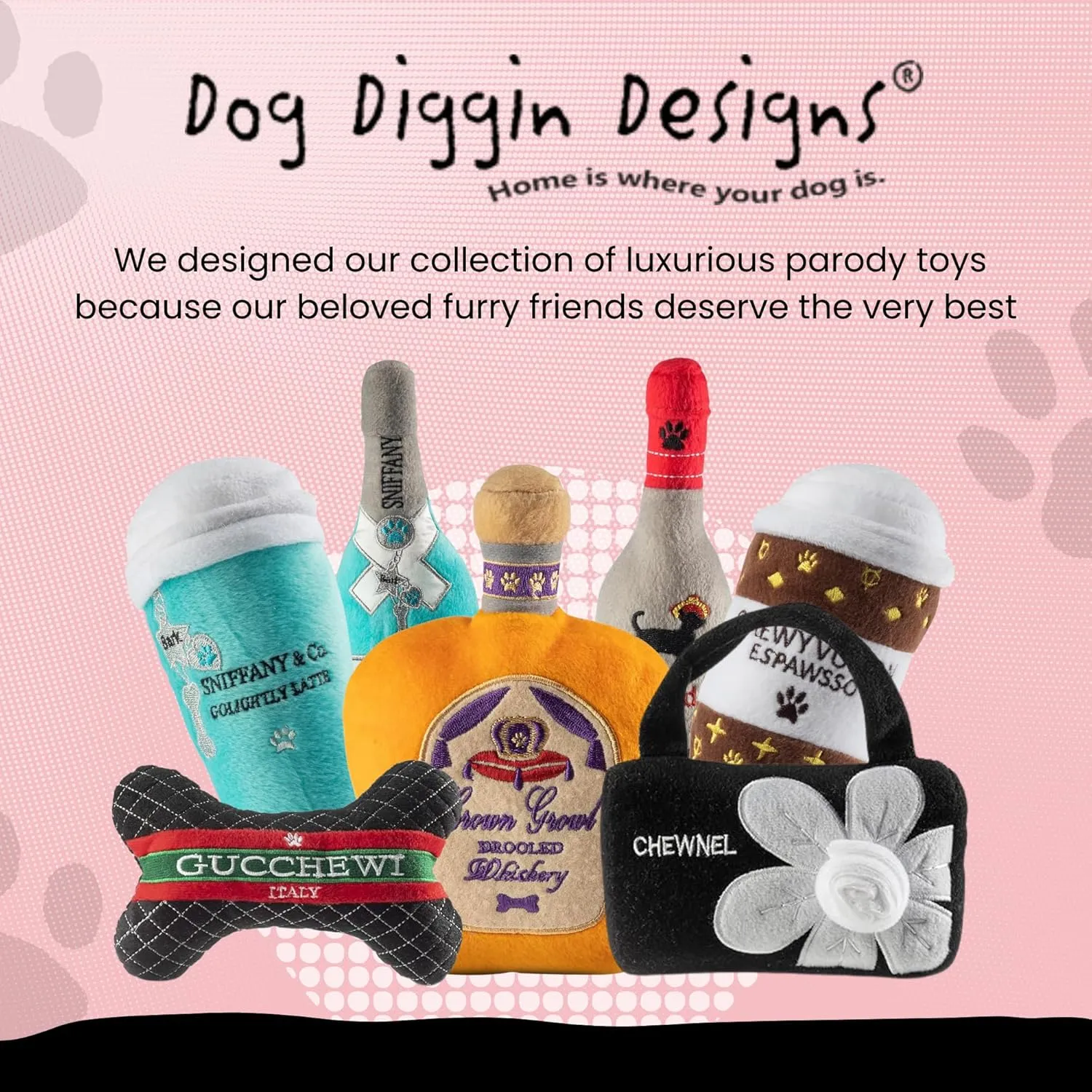 Dog Diggin Designs Runway Pup Collection | Unique Squeaky Parody Plush Dog Toys – Prêt-à-Porter Dog Bones, Balls & More