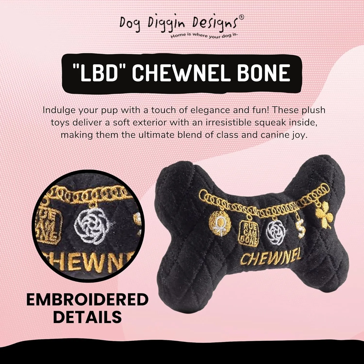 Dog Diggin Designs Runway Pup Collection | Unique Squeaky Parody Plush Dog Toys – Prêt-à-Porter Dog Bones, Balls & More