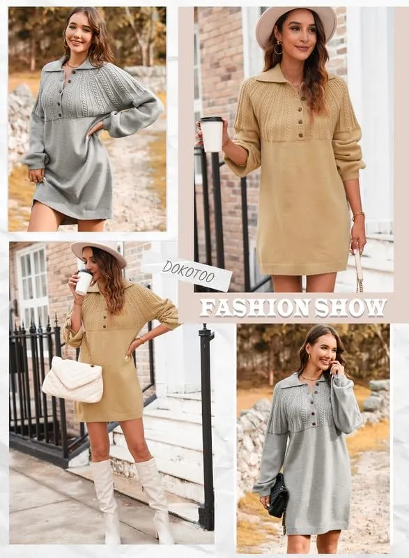 Dokotoo Womens 2024 Fall Sweater Dress Long Sleeve Button Up Cable Knit Chunky Pullover Sweaters Winter Dress