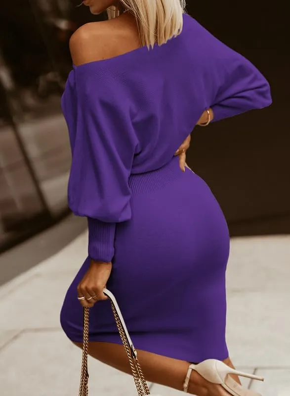 Dokotoo Women's Elegant Off Shoulder Long Lantern Sleeve Sweater Dress Elastic Waist Bodycon Mini Dresses
