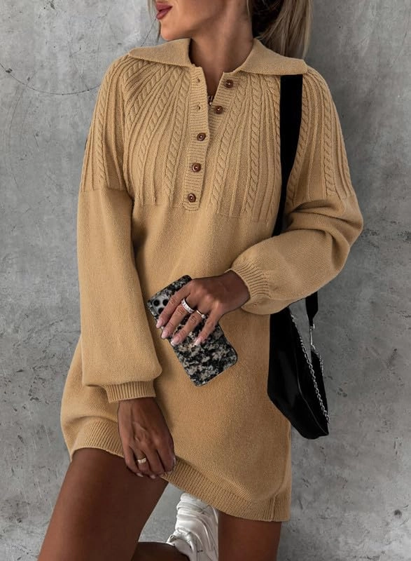 Dokotoo Womens 2024 Fall Sweater Dress Long Sleeve Button Up Cable Knit Chunky Pullover Sweaters Winter Dress