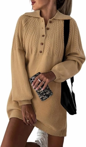 Dokotoo Womens 2024 Fall Sweater Dress Long Sleeve Button Up Cable Knit Chunky Pullover Sweaters Winter Dress