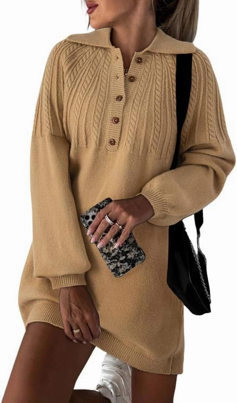 Dokotoo Womens 2024 Fall Sweater Dress Long Sleeve Button Up Cable Knit Chunky Pullover Sweaters Winter Dress