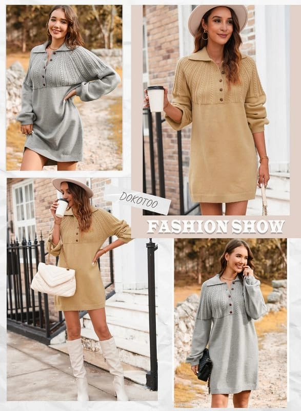 Dokotoo Womens 2024 Fall Sweater Dress Long Sleeve Button Up Cable Knit Chunky Pullover Sweaters Winter Dress
