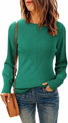 Dokotoo Womens Ribbed Knit Long Lantern Sleeves Sweater Crewneck Casual Slim Fit Pullover Jumper Tops