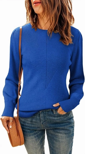Dokotoo Womens Ribbed Knit Long Lantern Sleeves Sweater Crewneck Casual Slim Fit Pullover Jumper Tops