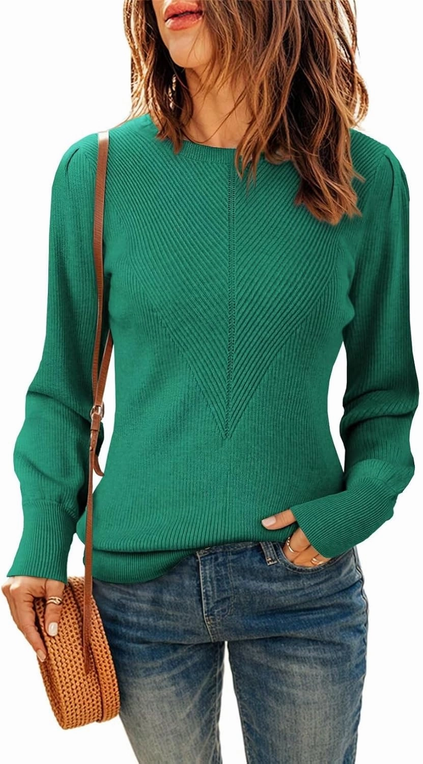 Dokotoo Womens Ribbed Knit Long Lantern Sleeves Sweater Crewneck Casual Slim Fit Pullover Jumper Tops