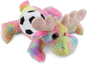 DolliBu Rainbow Lying Moose - Super Soft Stuffed Animal with Soccer Ball Plush - Soft Huggable Moose, Playtime Plush Toy, Wildlife Gift, Cute Plush Doll Animal Toy for Kids and Adults - 9.5 Inches
