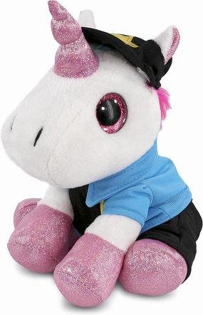 DolliBu White Unicorn Sparkle Eyes Police Officer Plush Toy - Super Soft Unicorn Cop Stuffed Animal with Cop Uniform and Cap Outfit - Gift with Personalization - 8 Inch