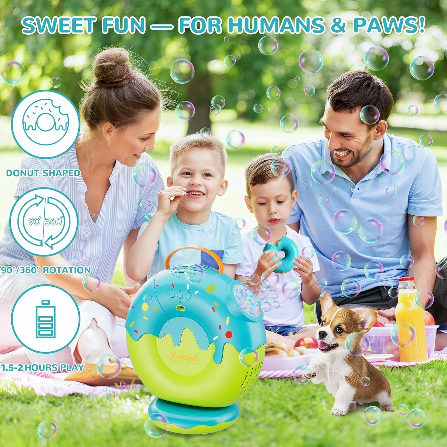 Donut-Shaped Rechargeable Electric Bubble Machine - 90° 360° Rotatable, Lights & Music Bubble Blower for Kids Toddlers Age 3 4 5  Boys & Girls Birthday Party, Outdoor Play Toys (Green/Blue)