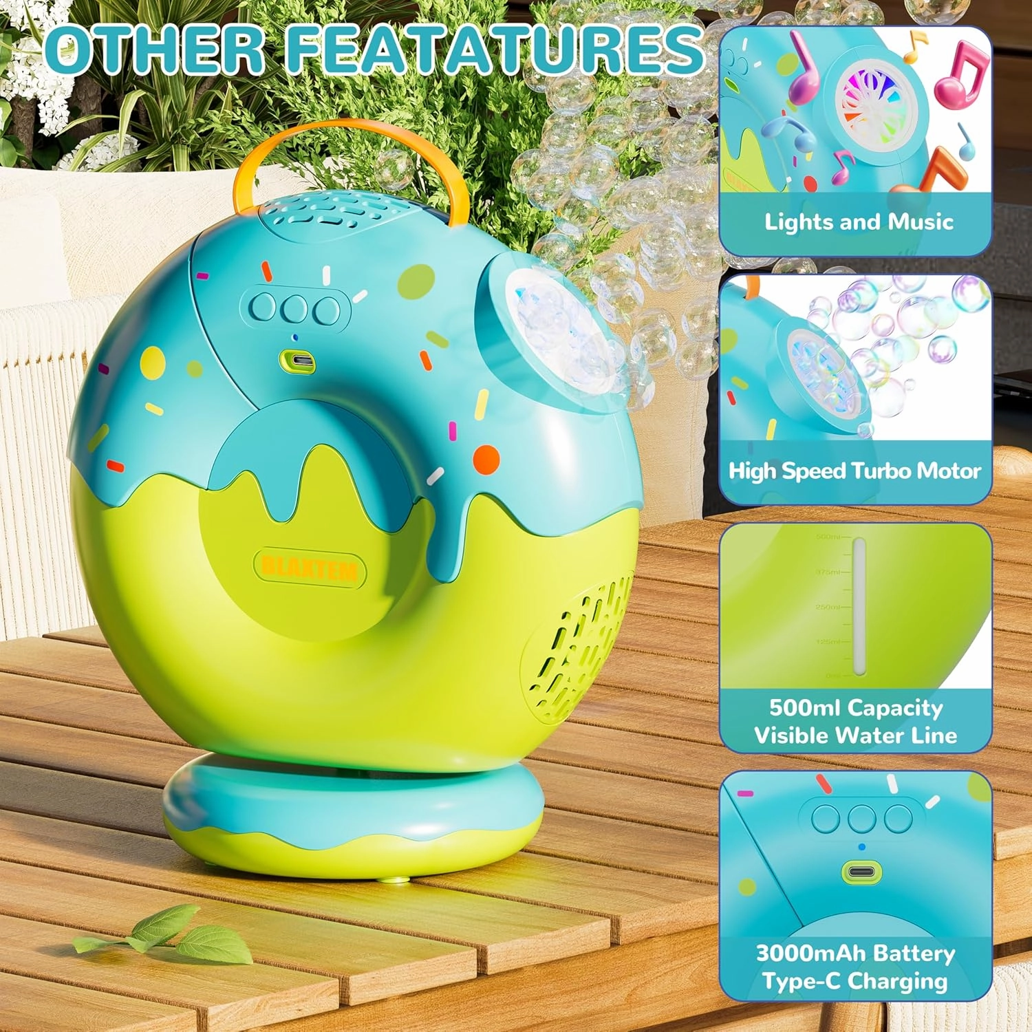 Donut-Shaped Rechargeable Electric Bubble Machine - 90° 360° Rotatable, Lights & Music Bubble Blower for Kids Toddlers Age 3 4 5  Boys & Girls Birthday Party, Outdoor Play Toys (Green/Blue)