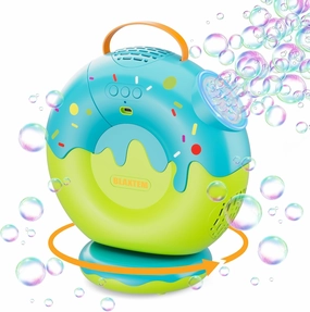 Donut-Shaped Rechargeable Electric Bubble Machine - 90° 360° Rotatable, Lights & Music Bubble Blower for Kids Toddlers Age 3 4 5  Boys & Girls Birthday Party, Outdoor Play Toys (Green/Blue)