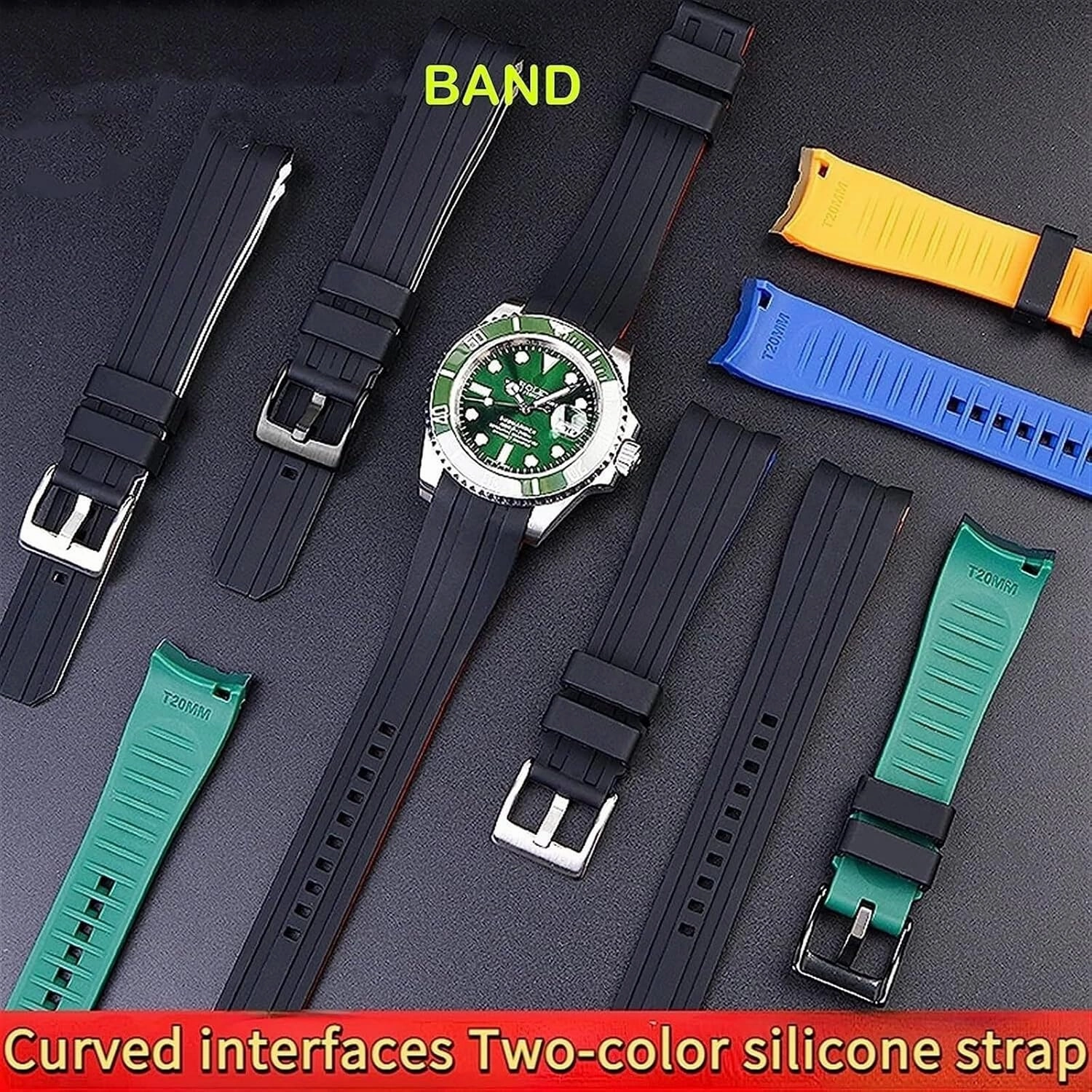 Double Color Silicone Watch Strap For Rolex Arc Mouth Watchband Bracelet Belt 20mm 22mm