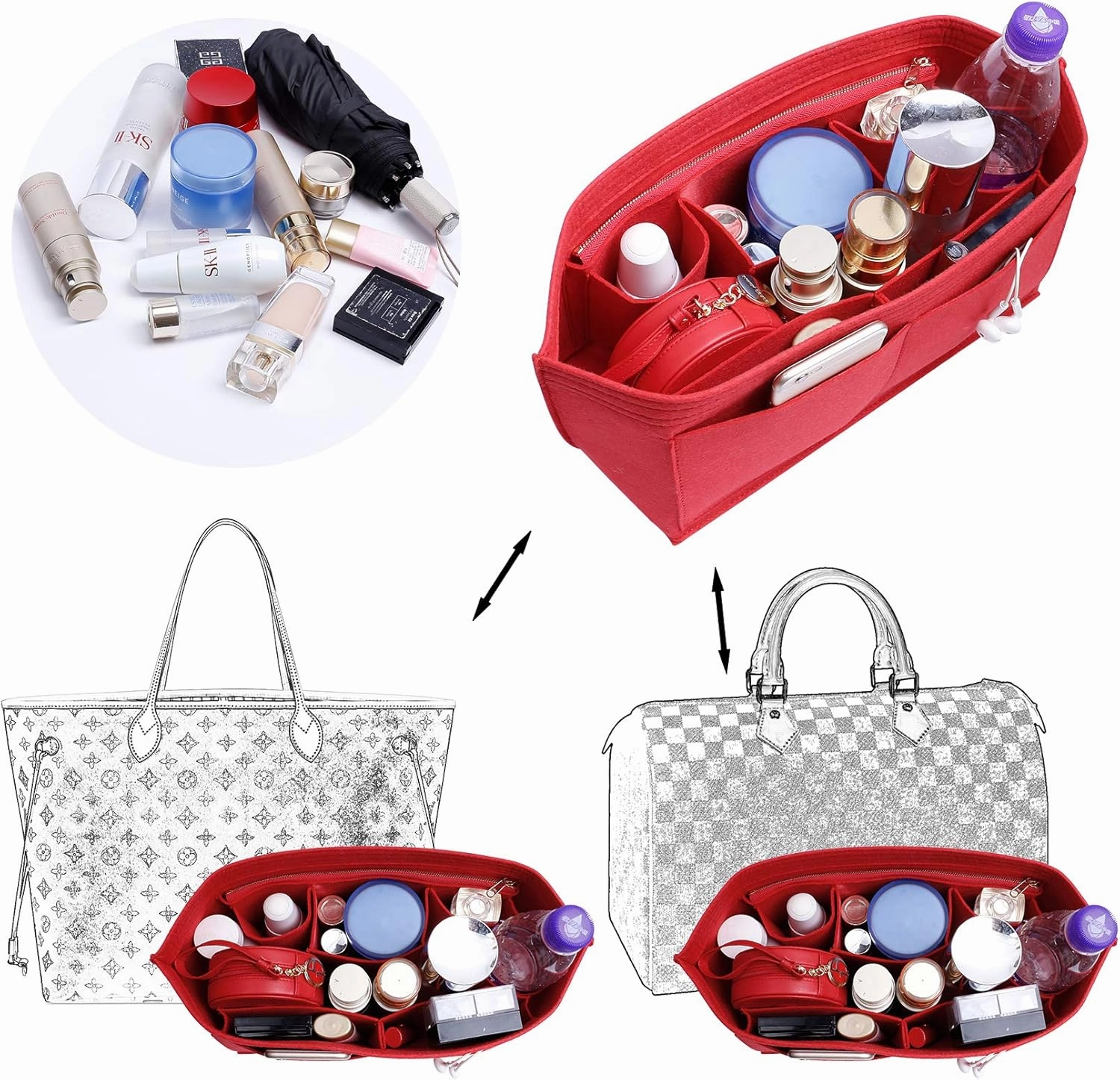 Doxo Purse Organizer Insert Handbag&Tote Felt Bag Fits for Speedy 35 and Neverfull MM Red