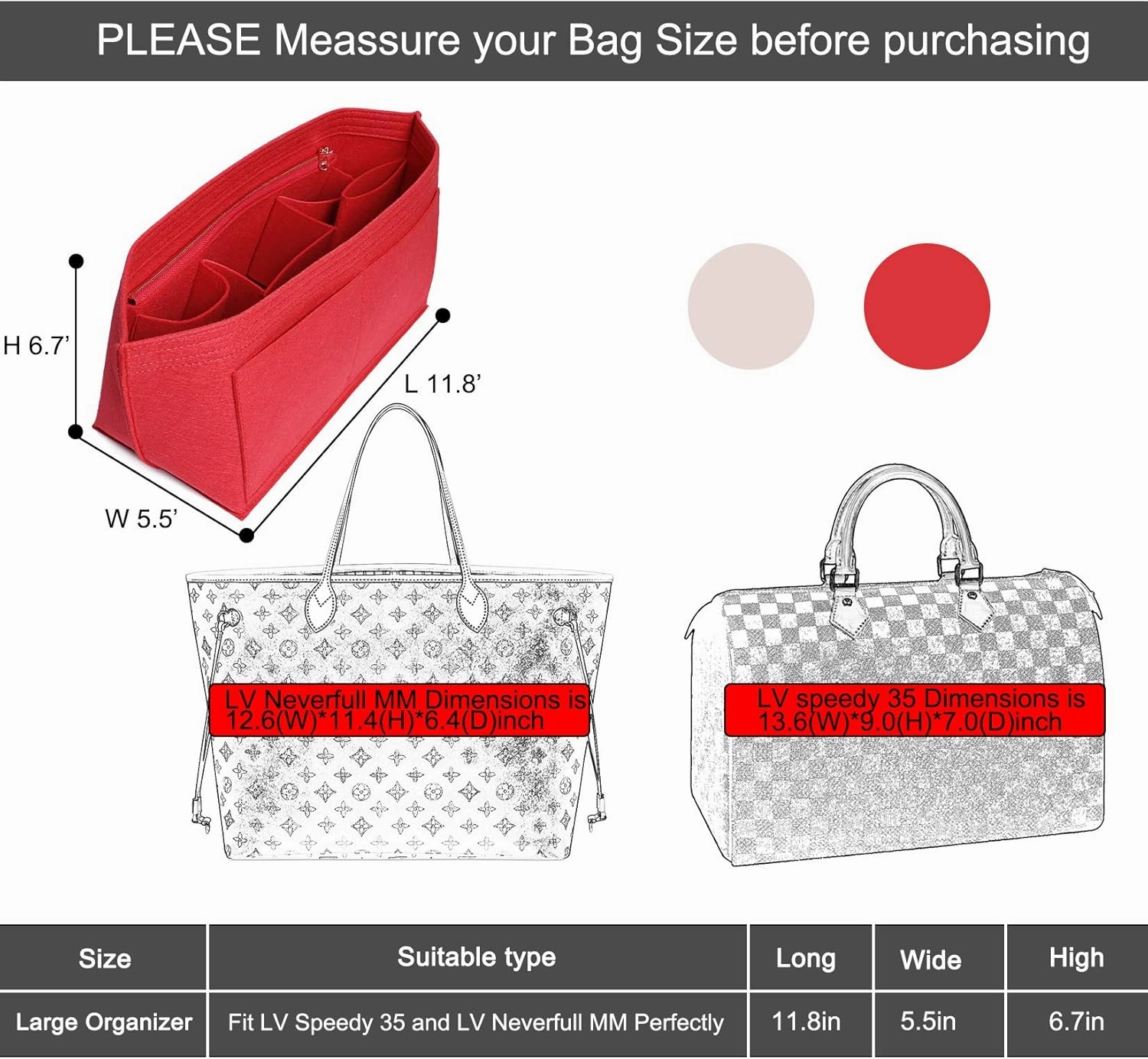 Doxo Purse Organizer Insert Handbag&Tote Felt Bag Fits for Speedy 35 and Neverfull MM Red