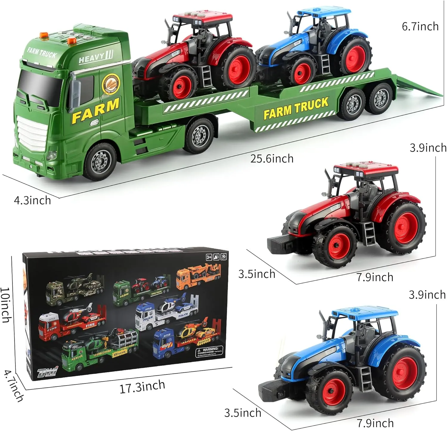 Dwi Dowellin Large Flatbed Semi Truck Toy for Kids,Includes Farm Vehicles,Car Toy Birthday Gift for 2 3 4 5 Years Old Boys and Girls