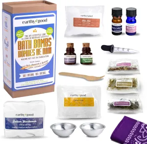 Earthy Good DIY Bath Bomb Kit With Organic Ingredients 100% Natural Includes: Essential Oils, Dried Rose, Chamomile & Lavender, Molds, Guide & More- Includes Furoshiki Cloth- Makes 10 Mini Bath Bombs