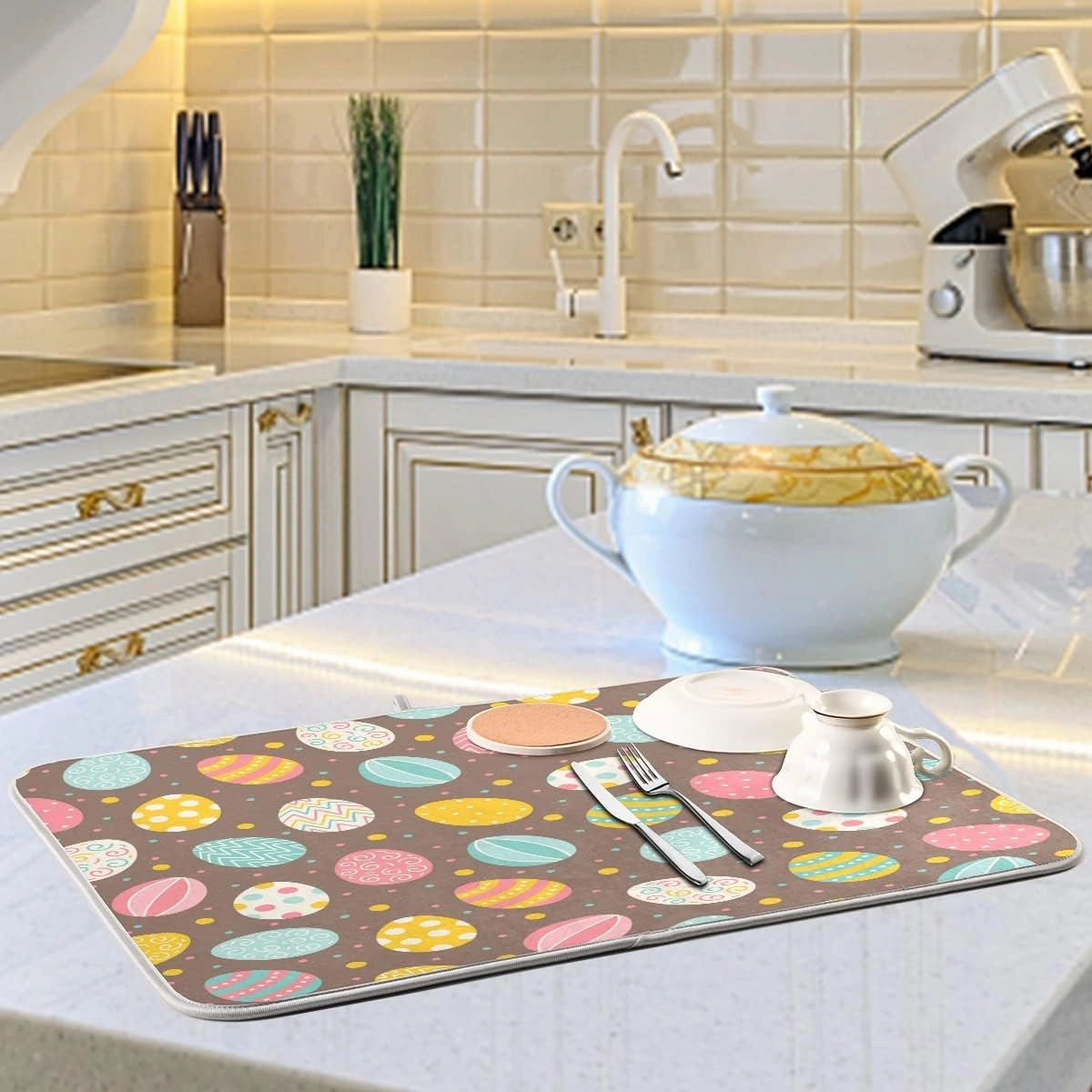 Easter Eggs Polka Dot Dish Drying Mat, Absorbent Drying Pad Dish Mat Large Kitchen Mat, 18" x 24"